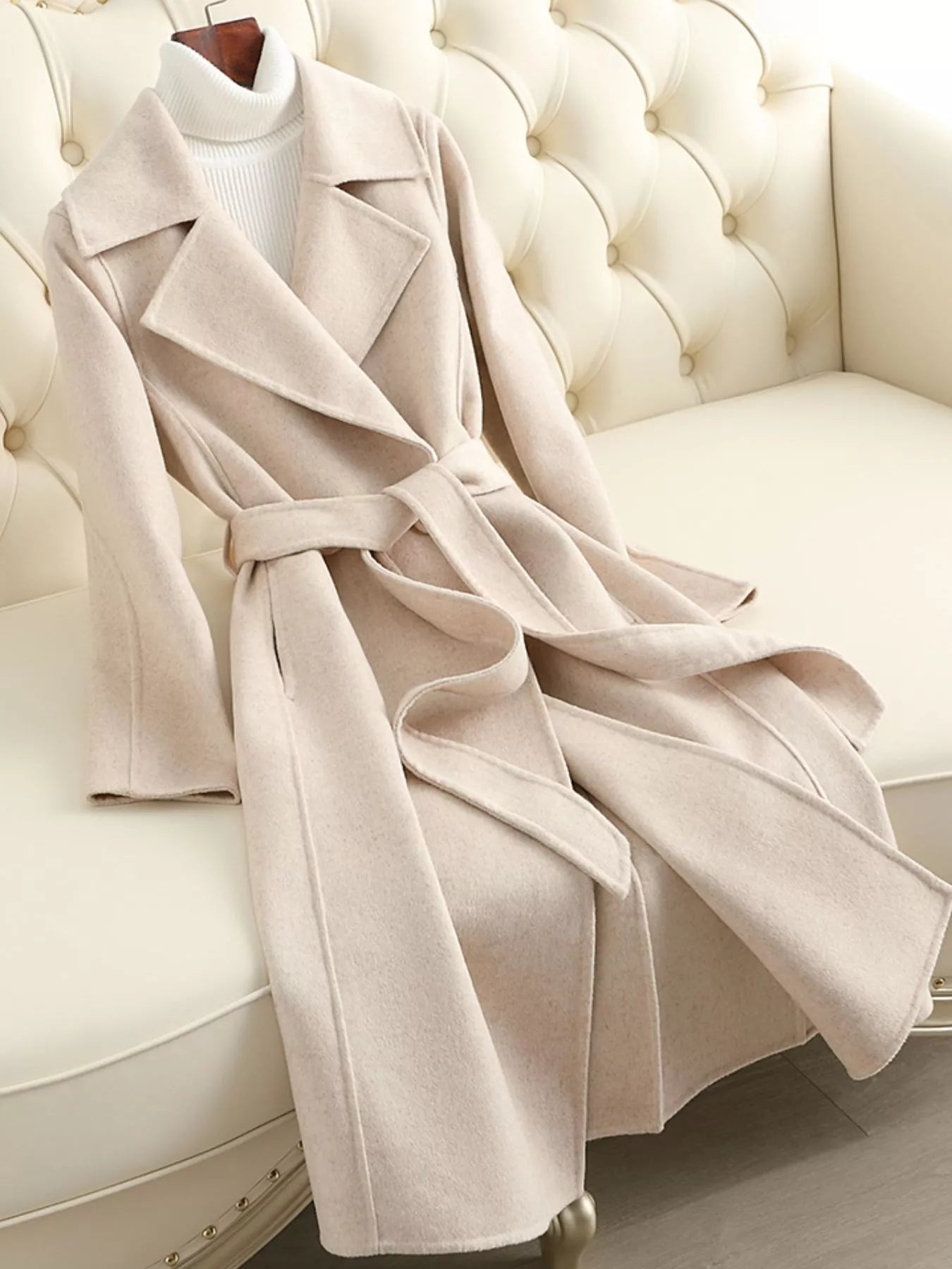 Longline Wool Coat with Waist-Defining Belt