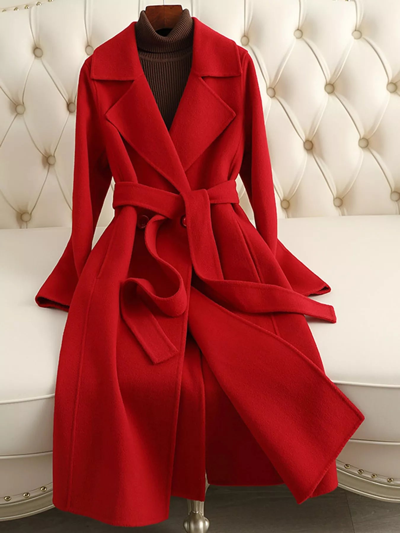 Longline Wool Coat with Waist-Defining Belt