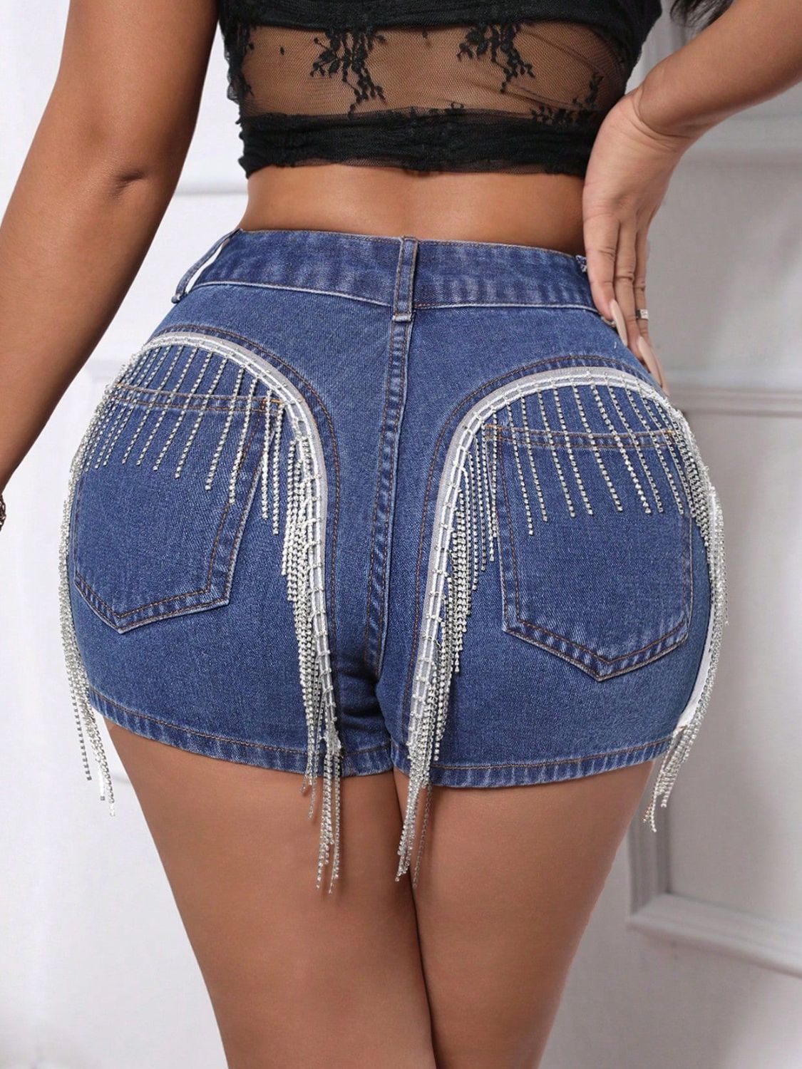 Fringe Back Denim Shorts with Pockets