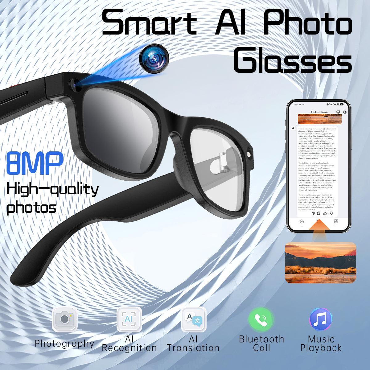 2MP AI Smart Camera  Glasses Bluetooth Sunglasses For Music Calling Translation S2