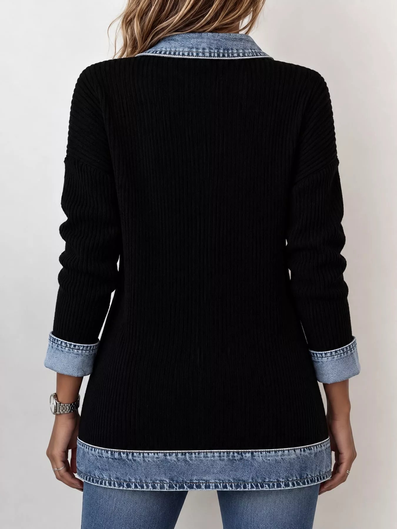 Full Size Denim Trim Ribbed Knit Cardigan Plus Size