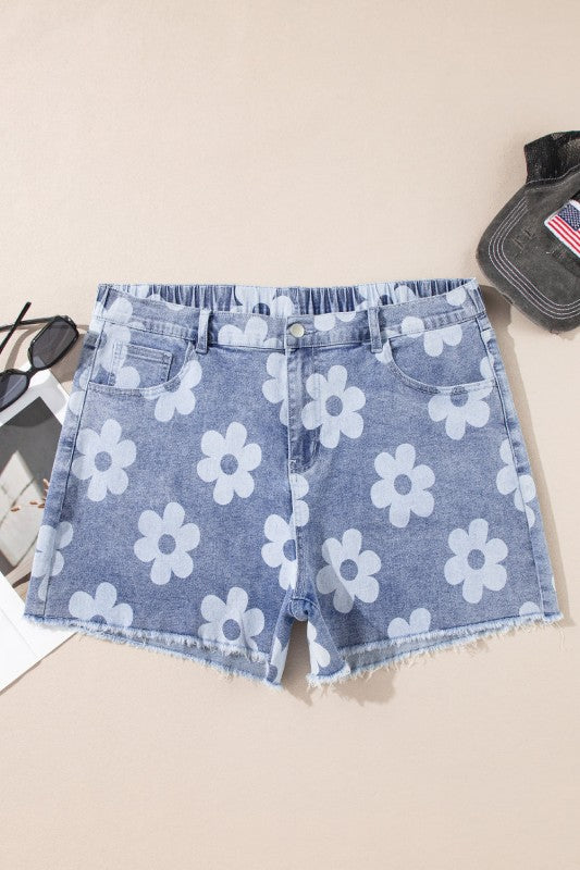 Plus Size Floral High Waist Denim Shorts