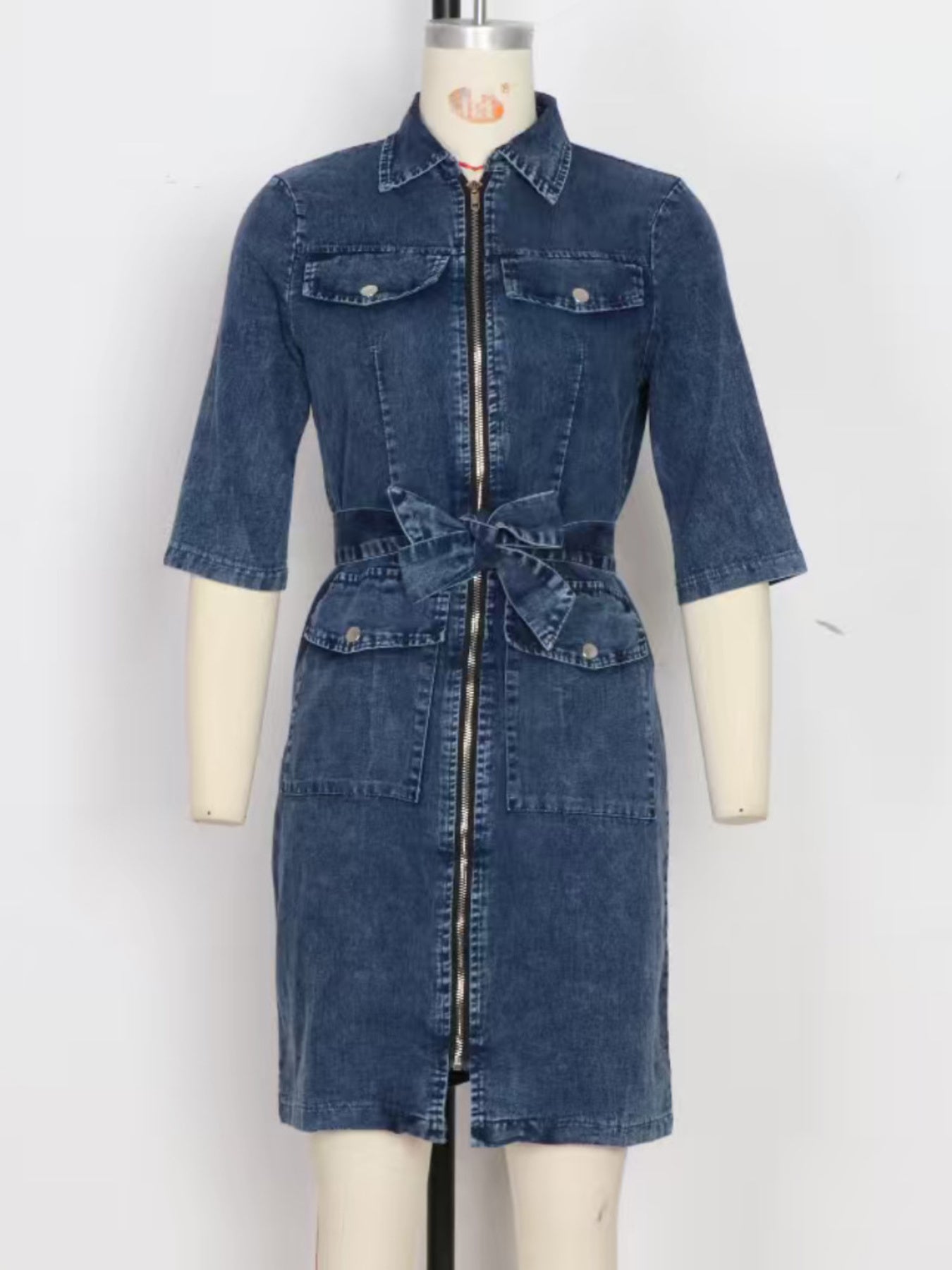 Zipper Front Short Sleeve Denim Dress