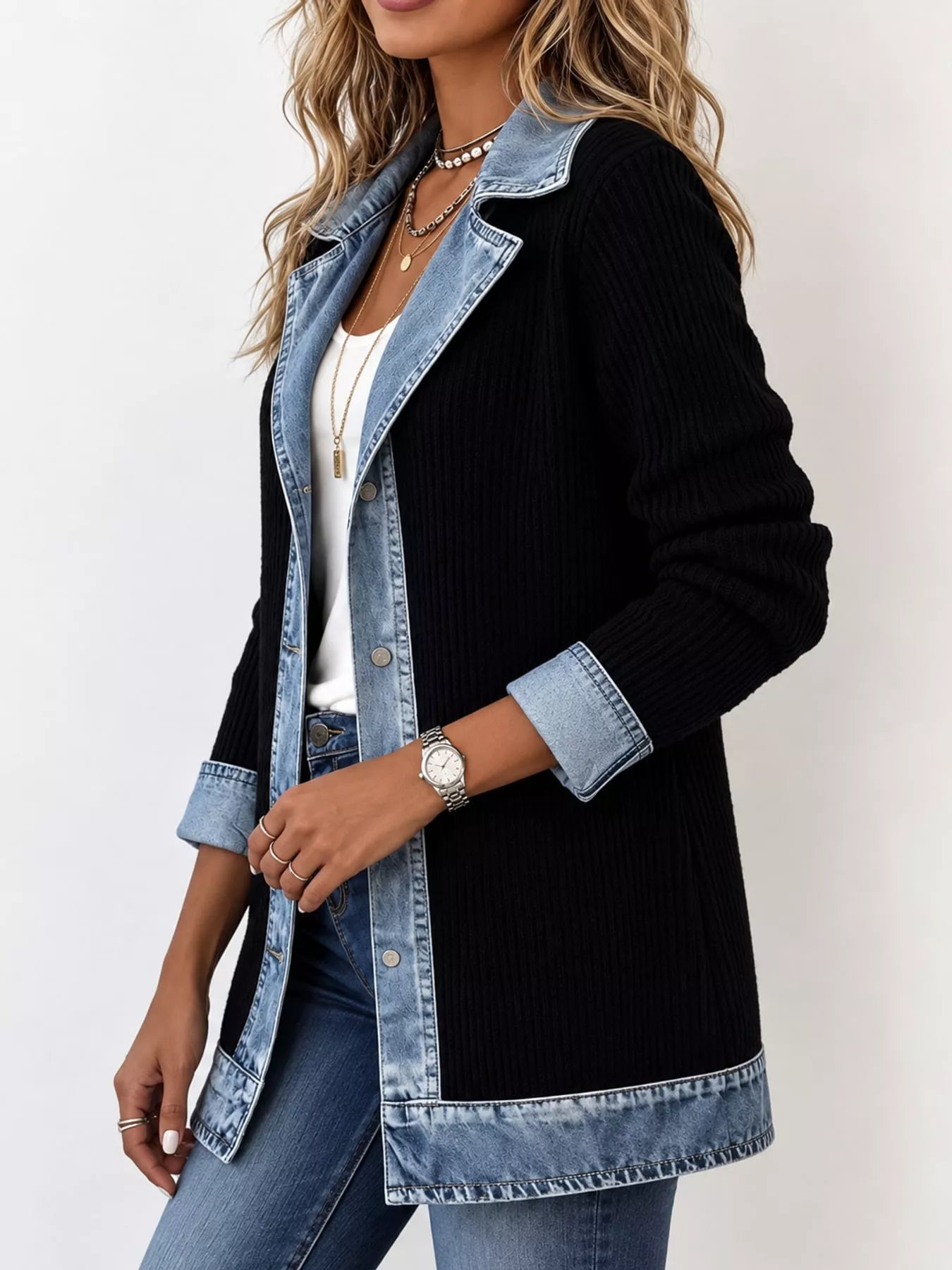 Full Size Denim Trim Ribbed Knit Cardigan Plus Size