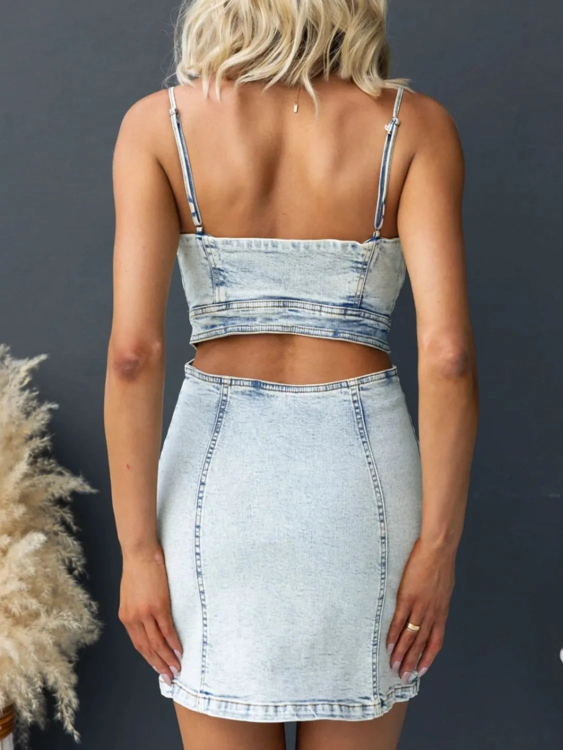 Cutout Back Sweetheart Neck Denim Cami Dress