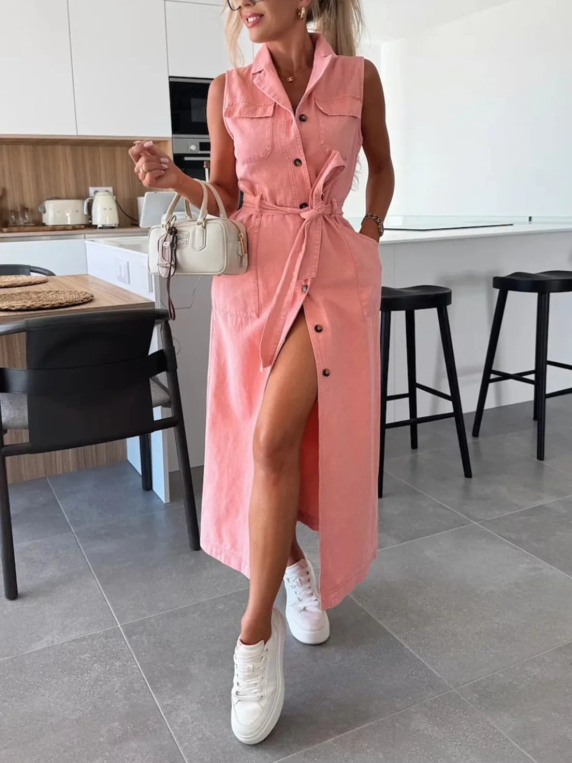 Button Front Sleeveless Denim Dress