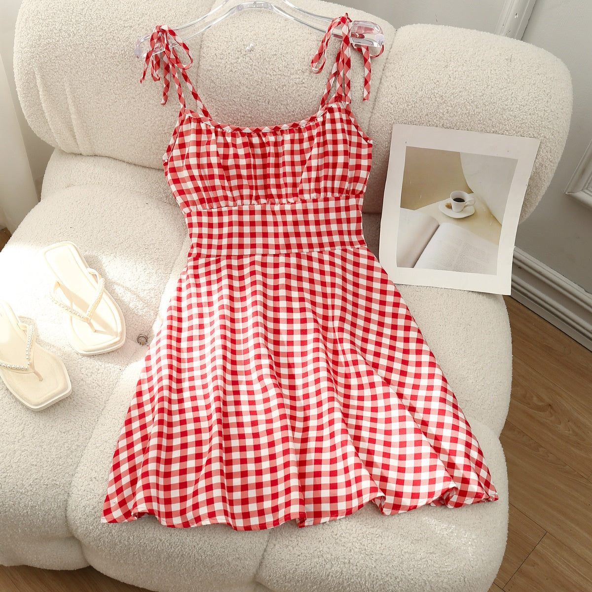 Floral Print Dress Summer Sweet A- Line Waist Trimming Dresses Women's Slimming Casual Clothing