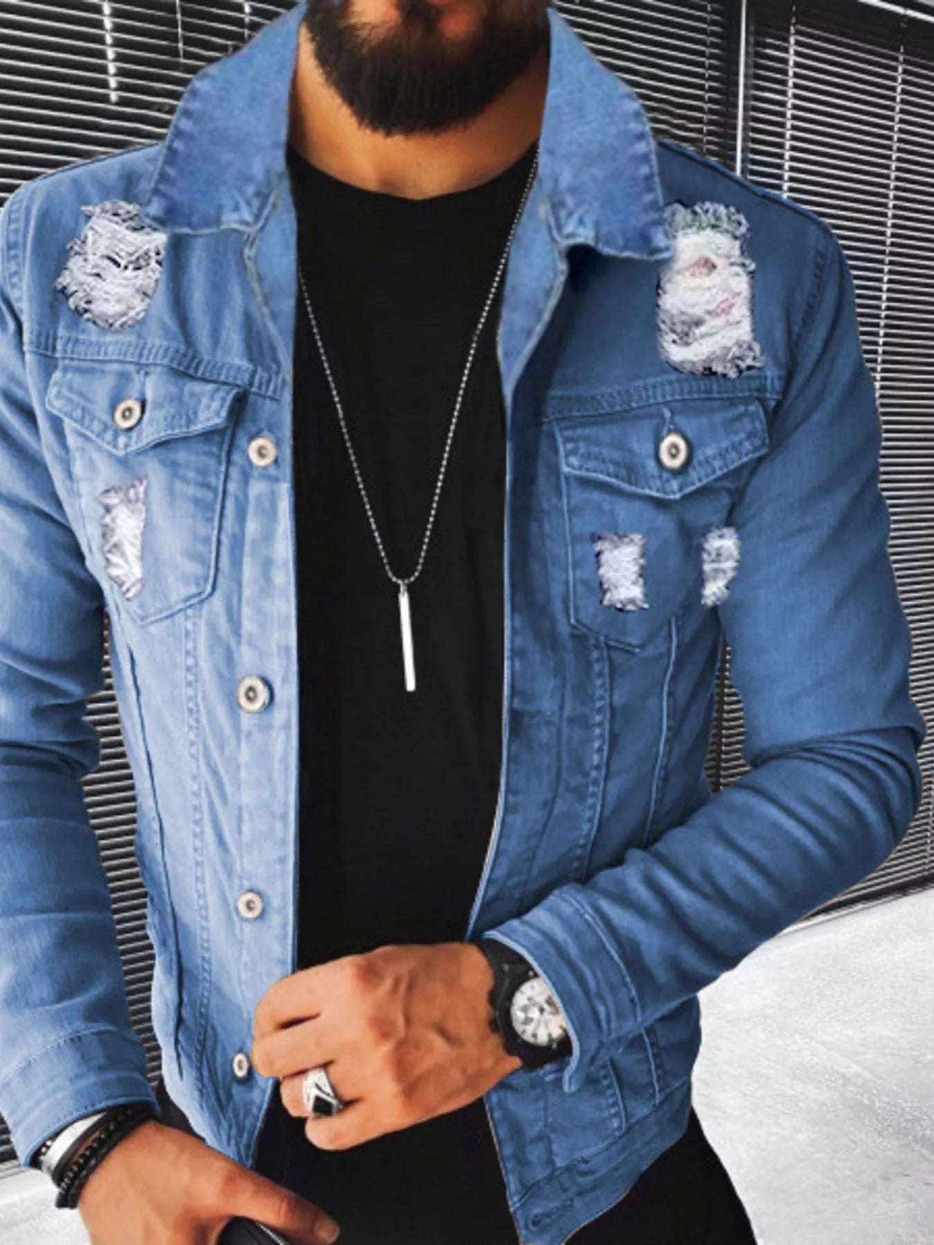Men's Plus Size Distressed Button Up Denim Jacket