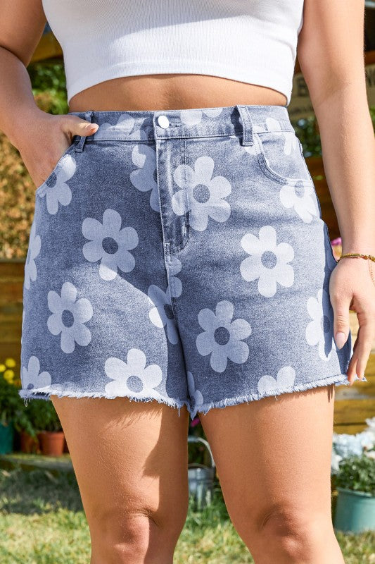 Plus Size Floral High Waist Denim Shorts