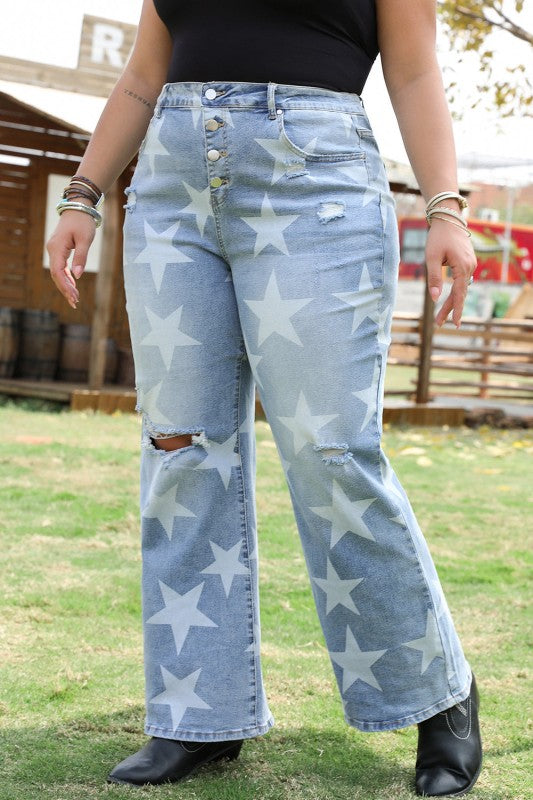 Plus Size Star Buttoned Slit Knee Distressed Jeans