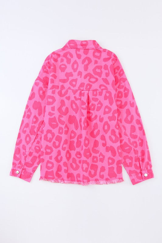 Leopard Buttoned Cuff Raw Hem Denim Jacket