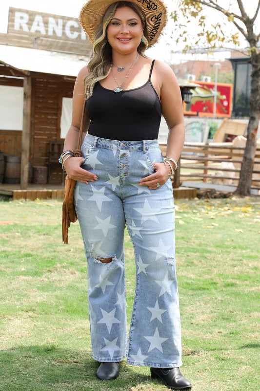 Plus Size Star Buttoned Slit Knee Distressed Jeans