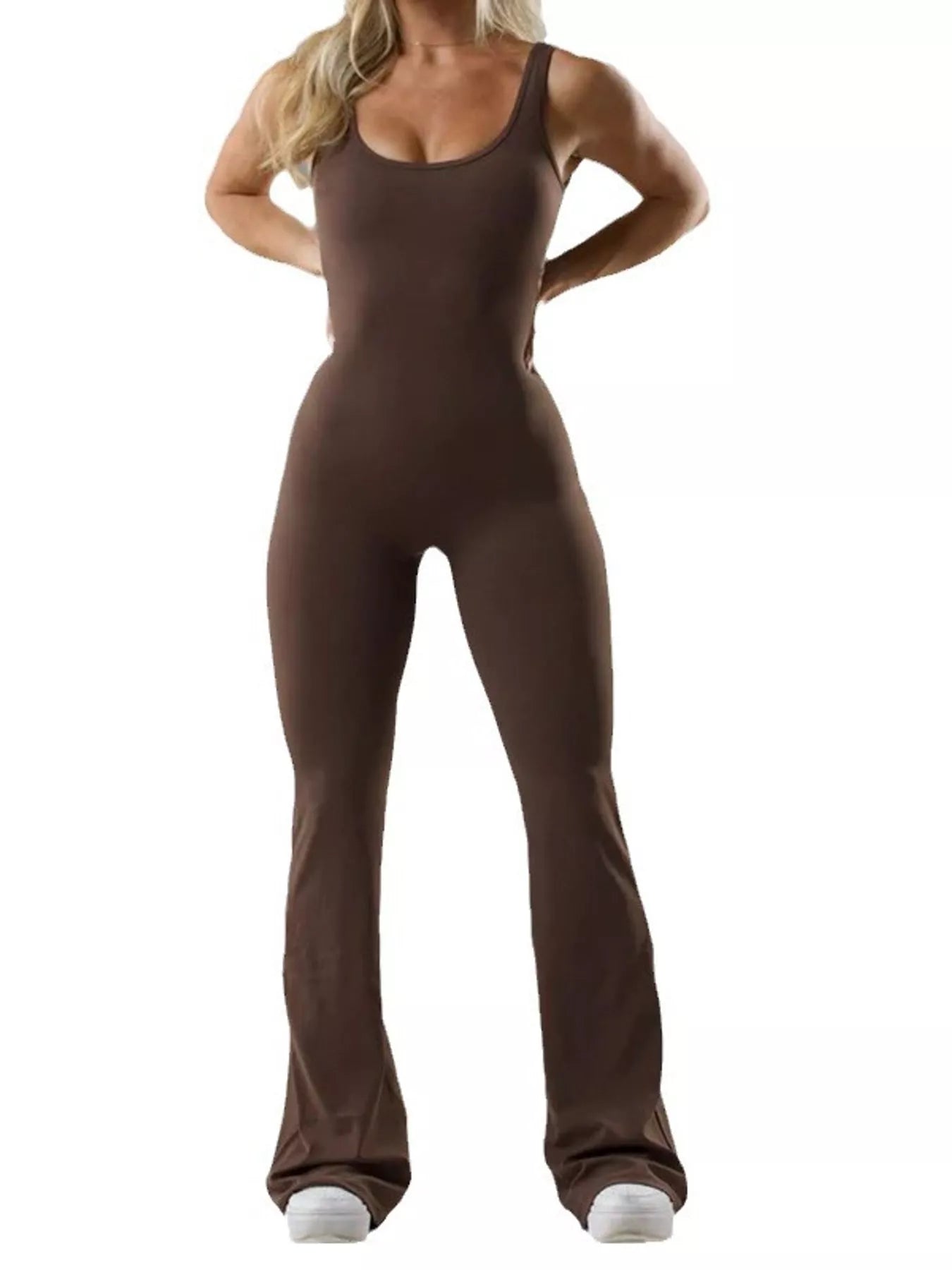 Seamless Scoop Neck Active Jumpsuit with Flared Leg Design