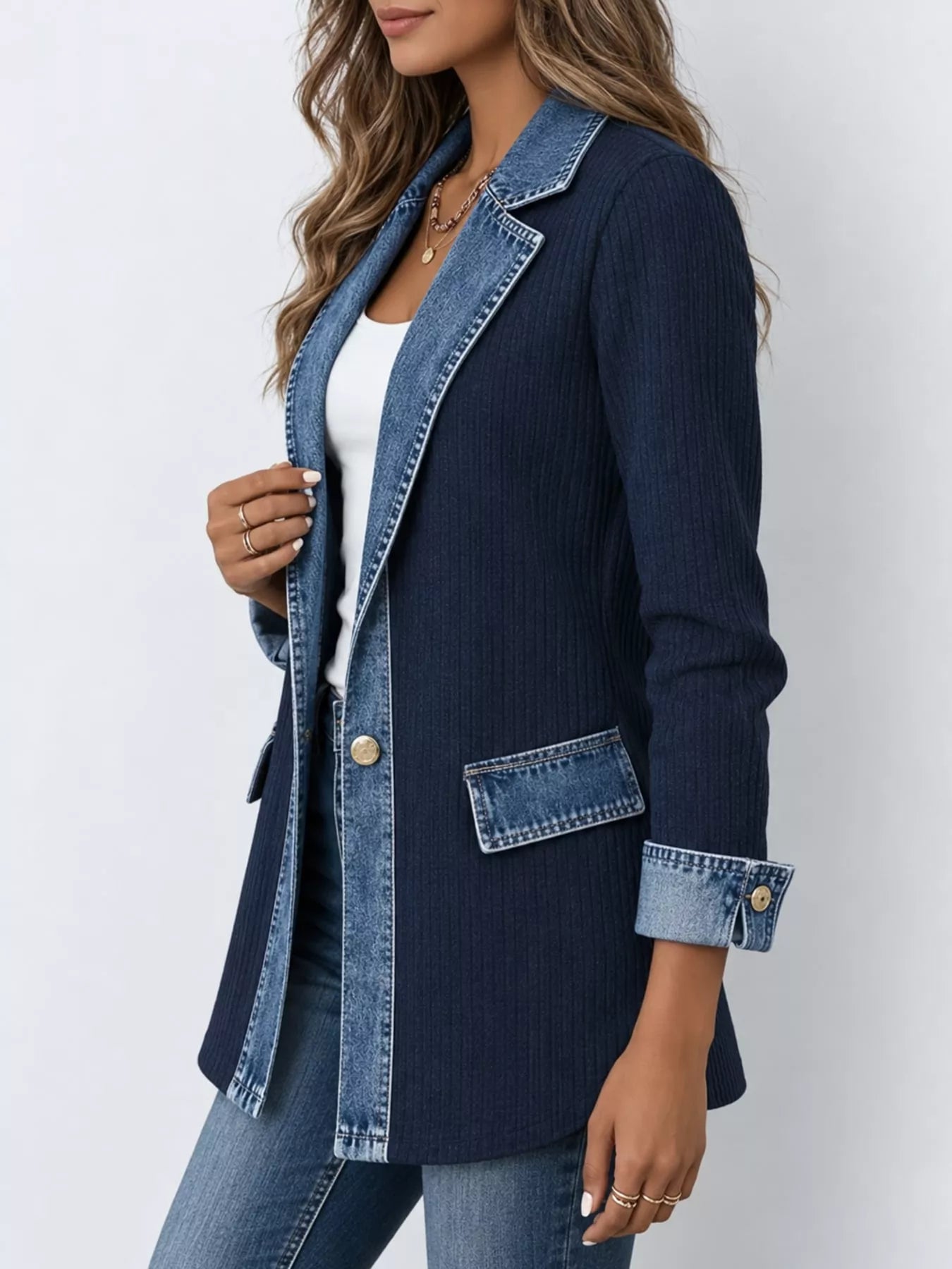Full Size Denim Trim Ribbed Knit Cardigan Plus Size