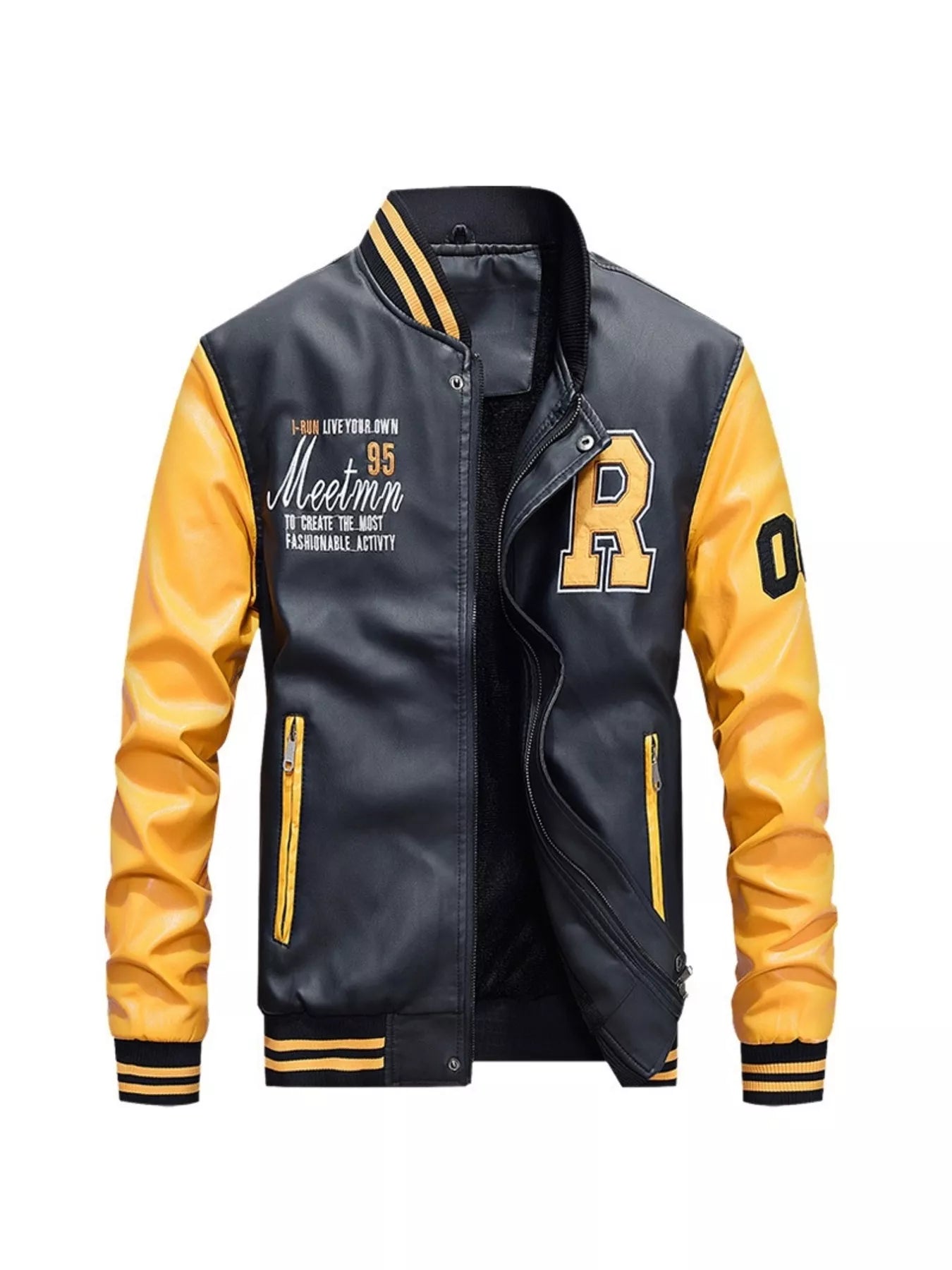 Men's Plus Size Color Block Zip Up Leather Jacket