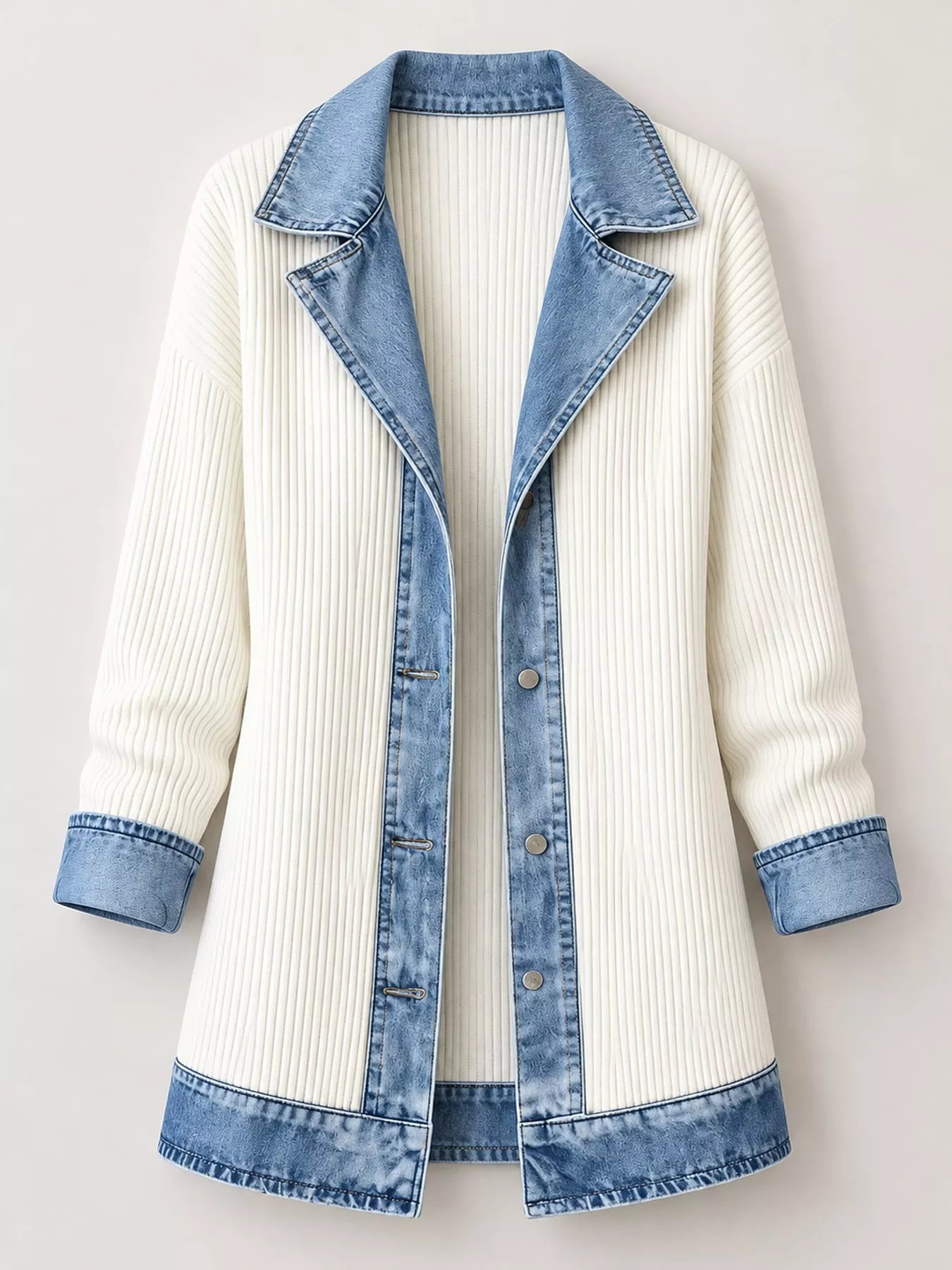 Full Size Denim Trim Ribbed Knit Cardigan Plus Size