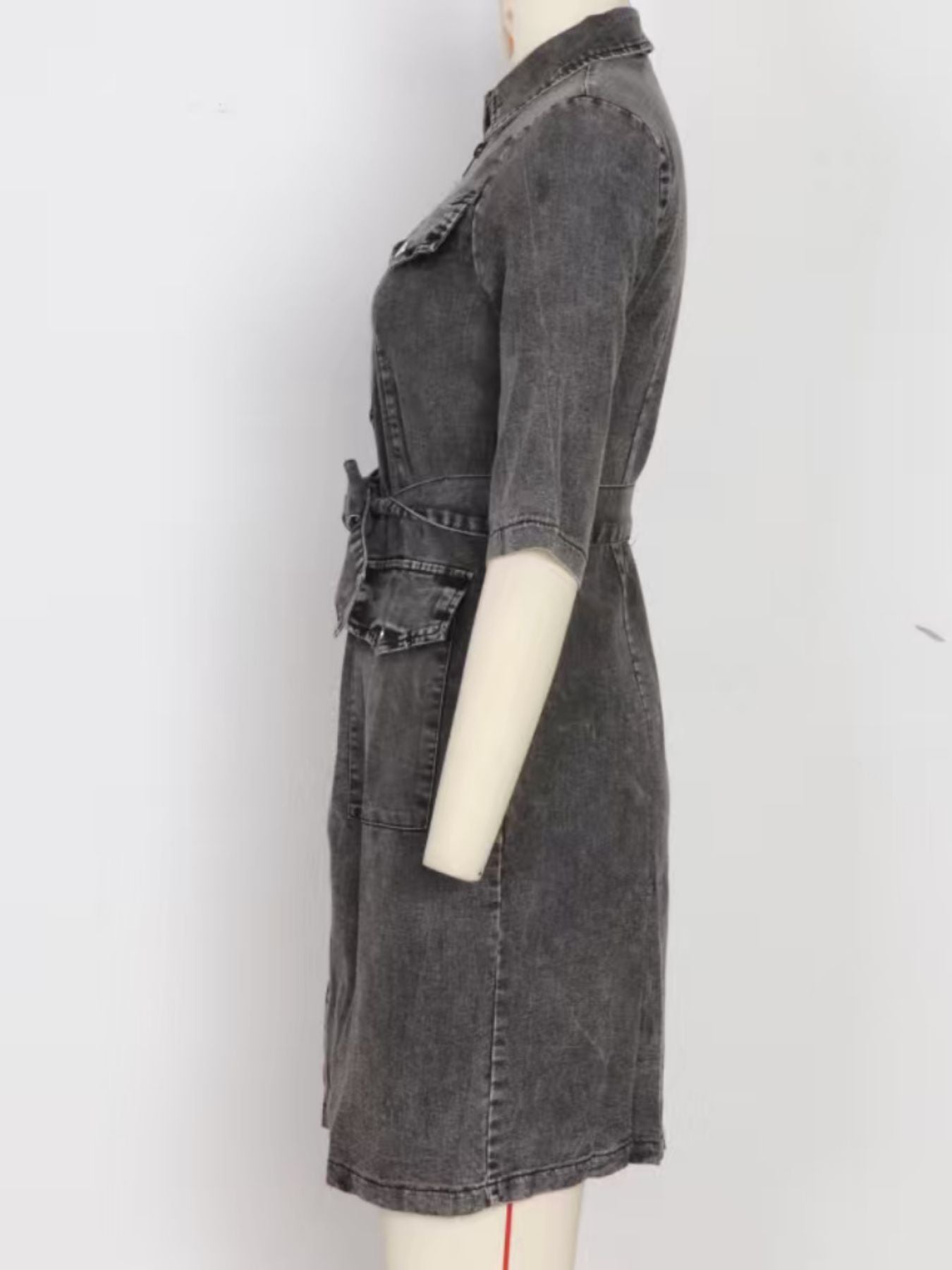 Zipper Front Short Sleeve Denim Dress