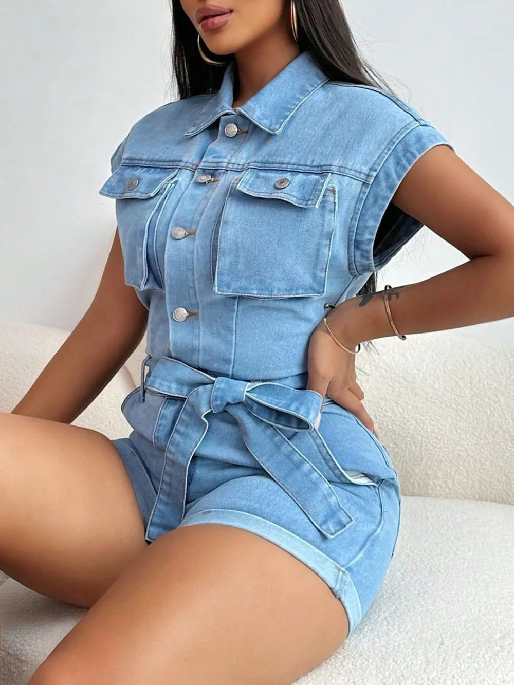 Tie Waist Cap Sleeve Denim Romper