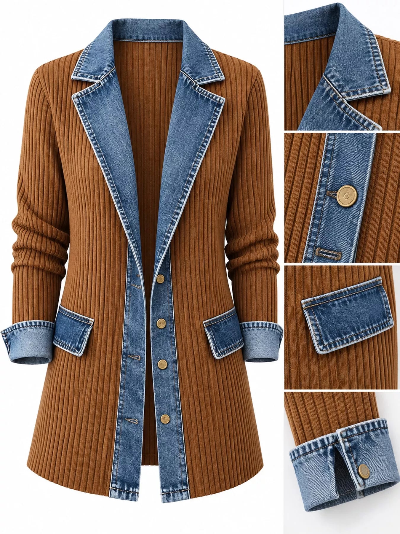 Full Size Denim Trim Ribbed Knit Cardigan Plus Size