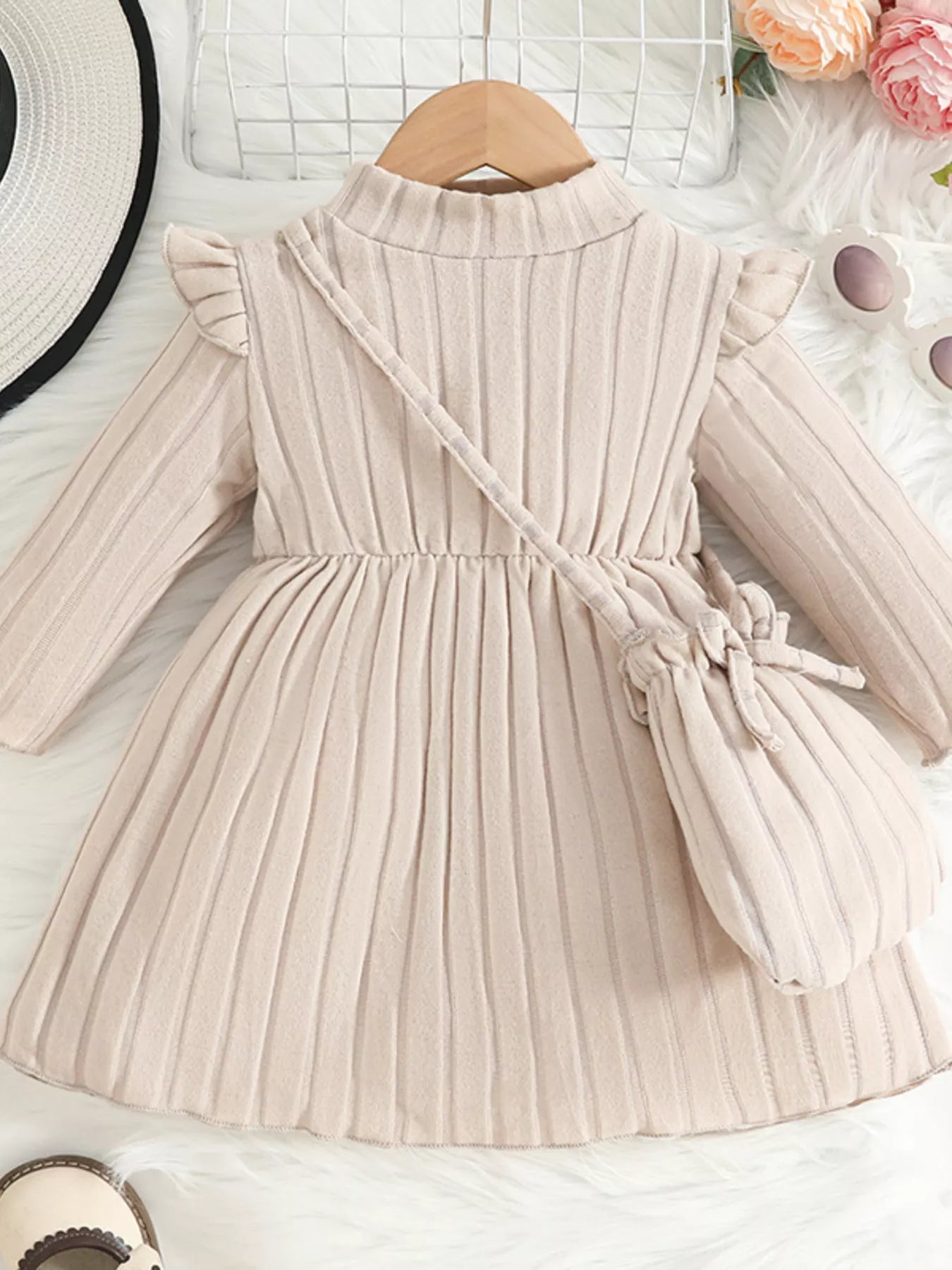 Children's Ribbed Knit Ruffle Trim Dress with Bag
