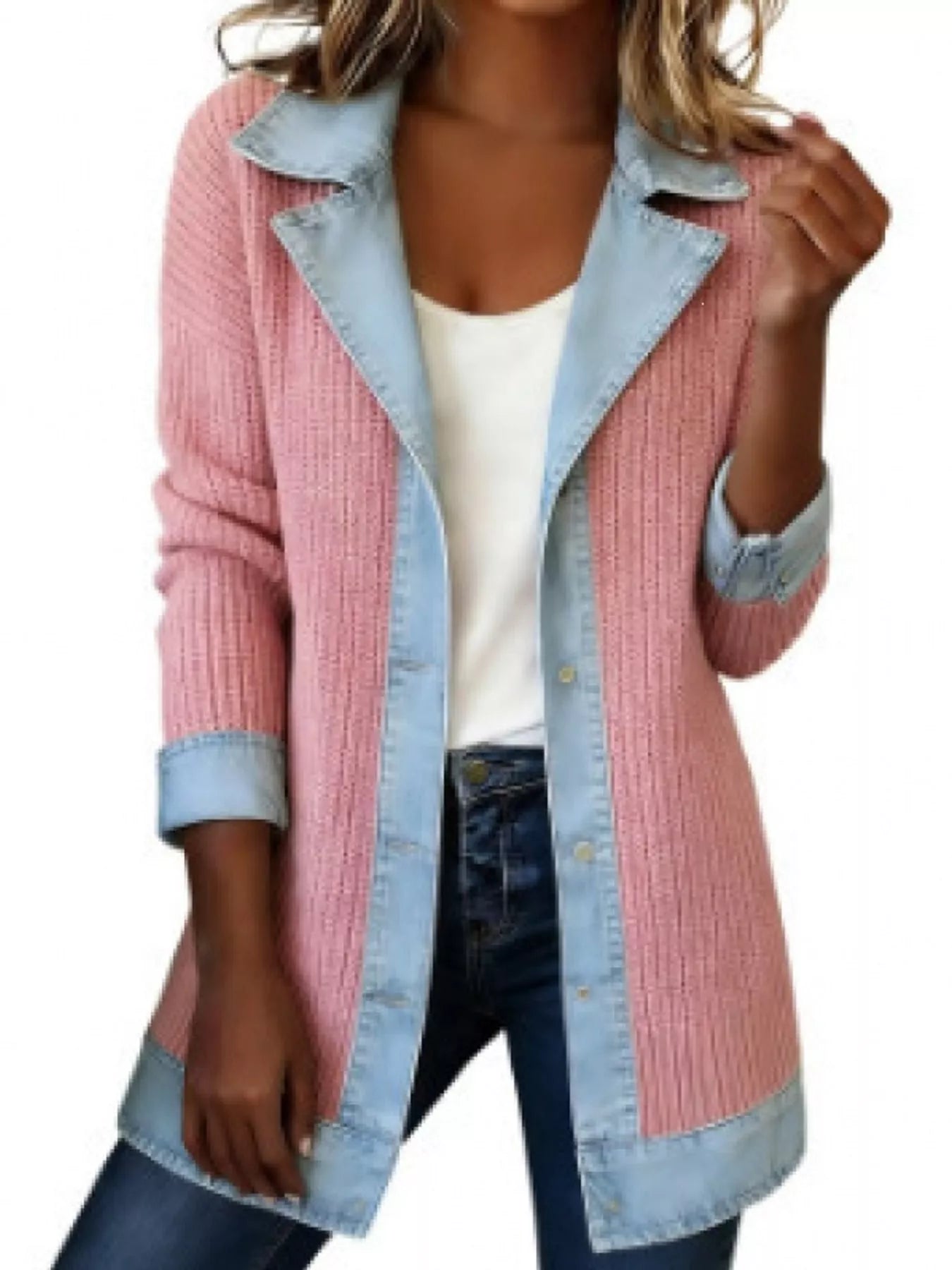 Full Size Denim Trim Ribbed Knit Cardigan Plus Size