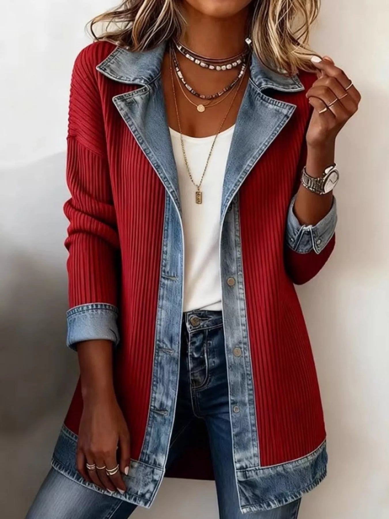 Full Size Denim Trim Ribbed Knit Cardigan Plus Size