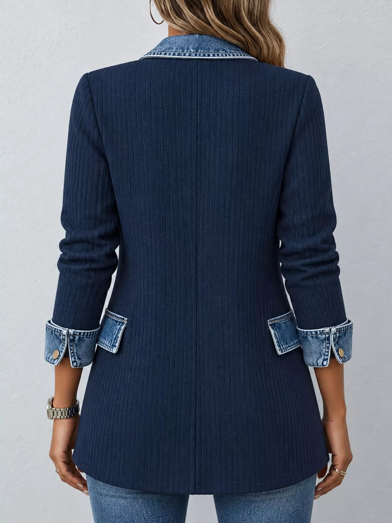 Full Size Denim Trim Ribbed Knit Cardigan Plus Size