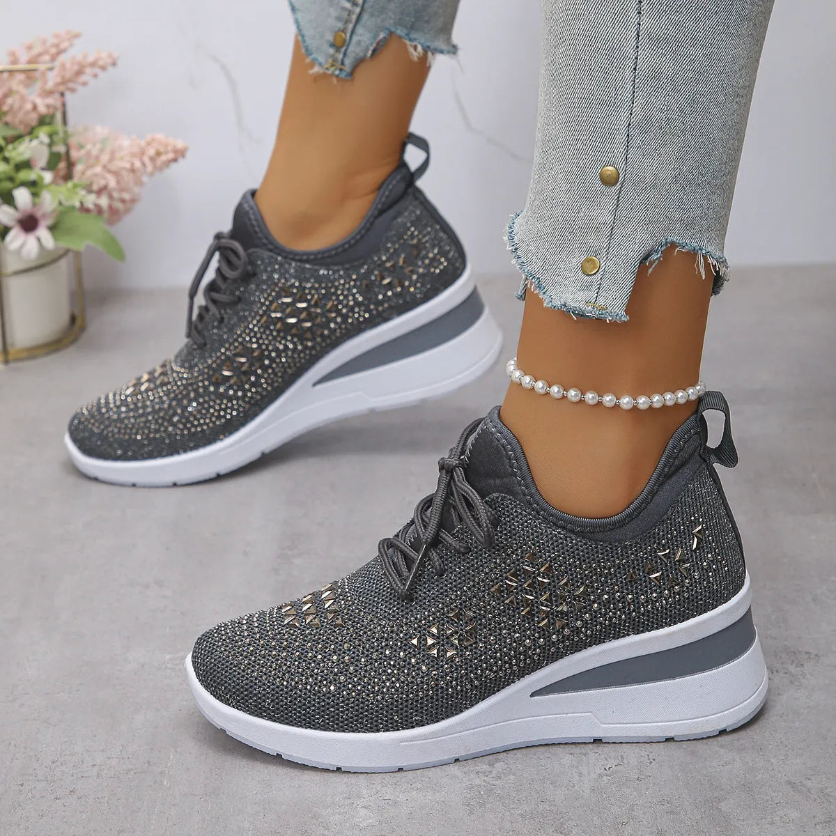 Breathable Mesh Rhinestone Wedge Athletic Sneakers