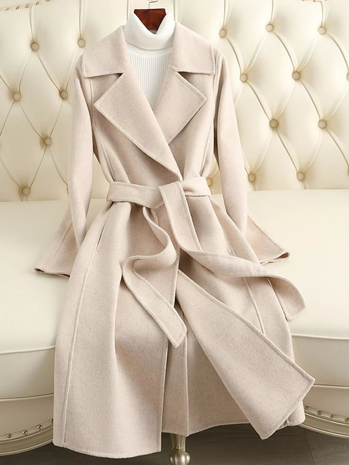 Longline Wool Coat with Waist-Defining Belt