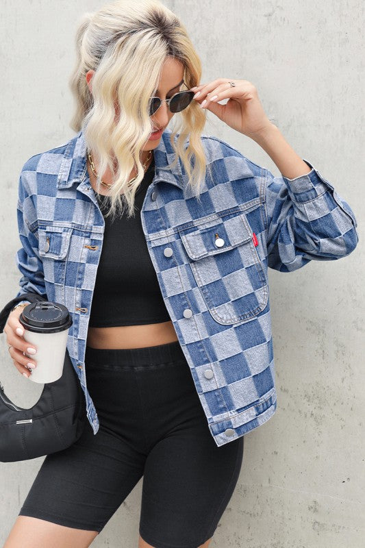 Checkered Patchwork Button up Denim Jacket
