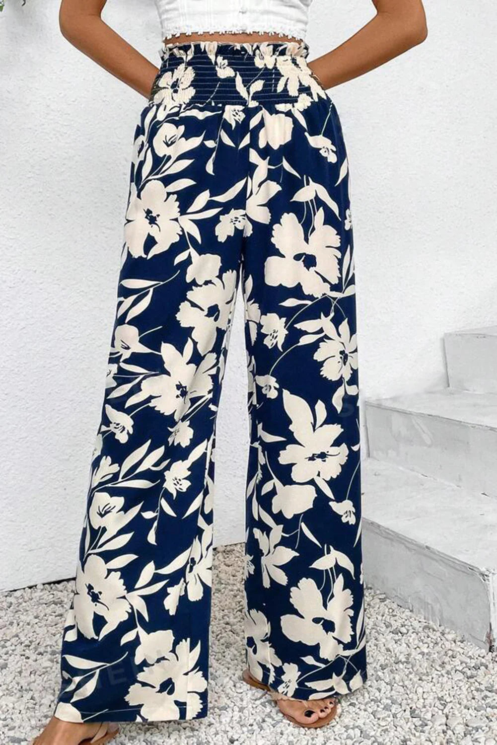Blue Floral Smocked Frill Waist Wide Leg Pants