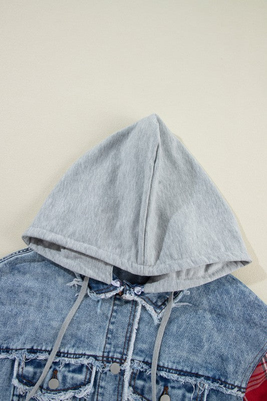 Plaid Patchwork Hooded Denim Jacket