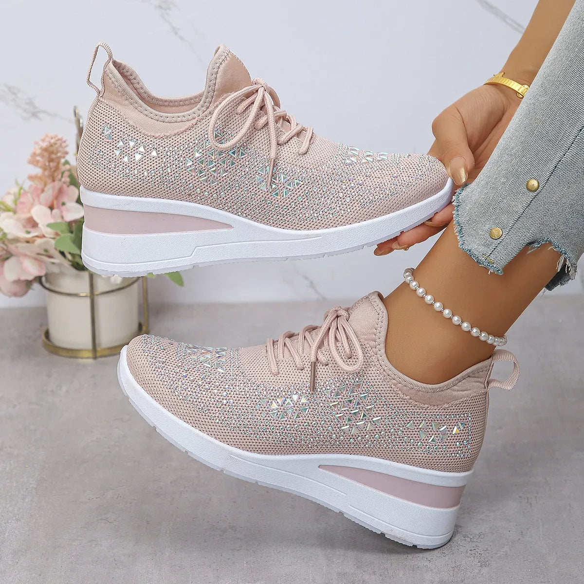 Breathable Mesh Rhinestone Wedge Athletic Sneakers