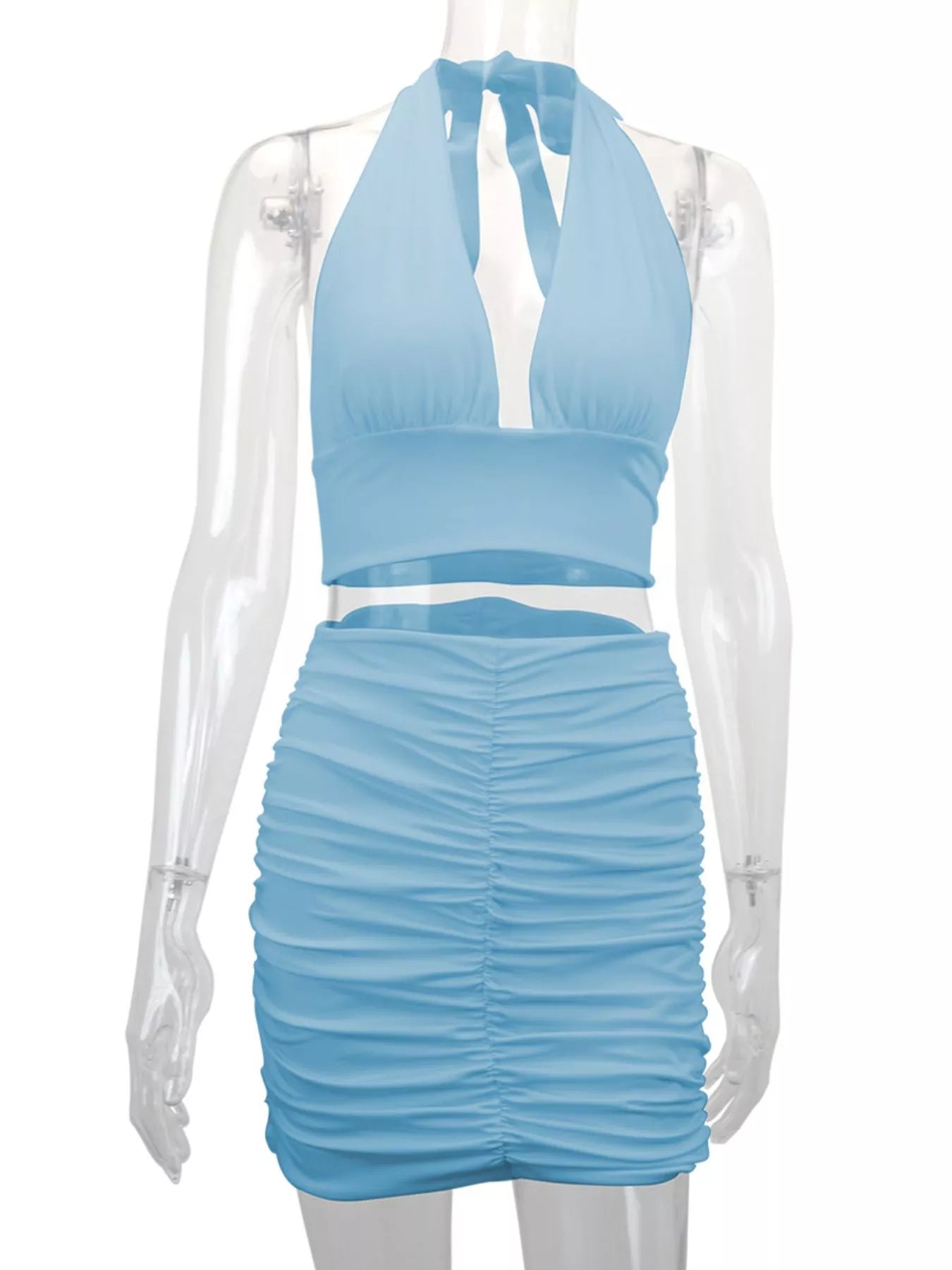 Halter Crop Top and Ruched Bodycon Mini Skirt Set