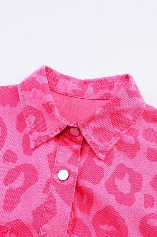 Leopard Buttoned Cuff Raw Hem Denim Jacket