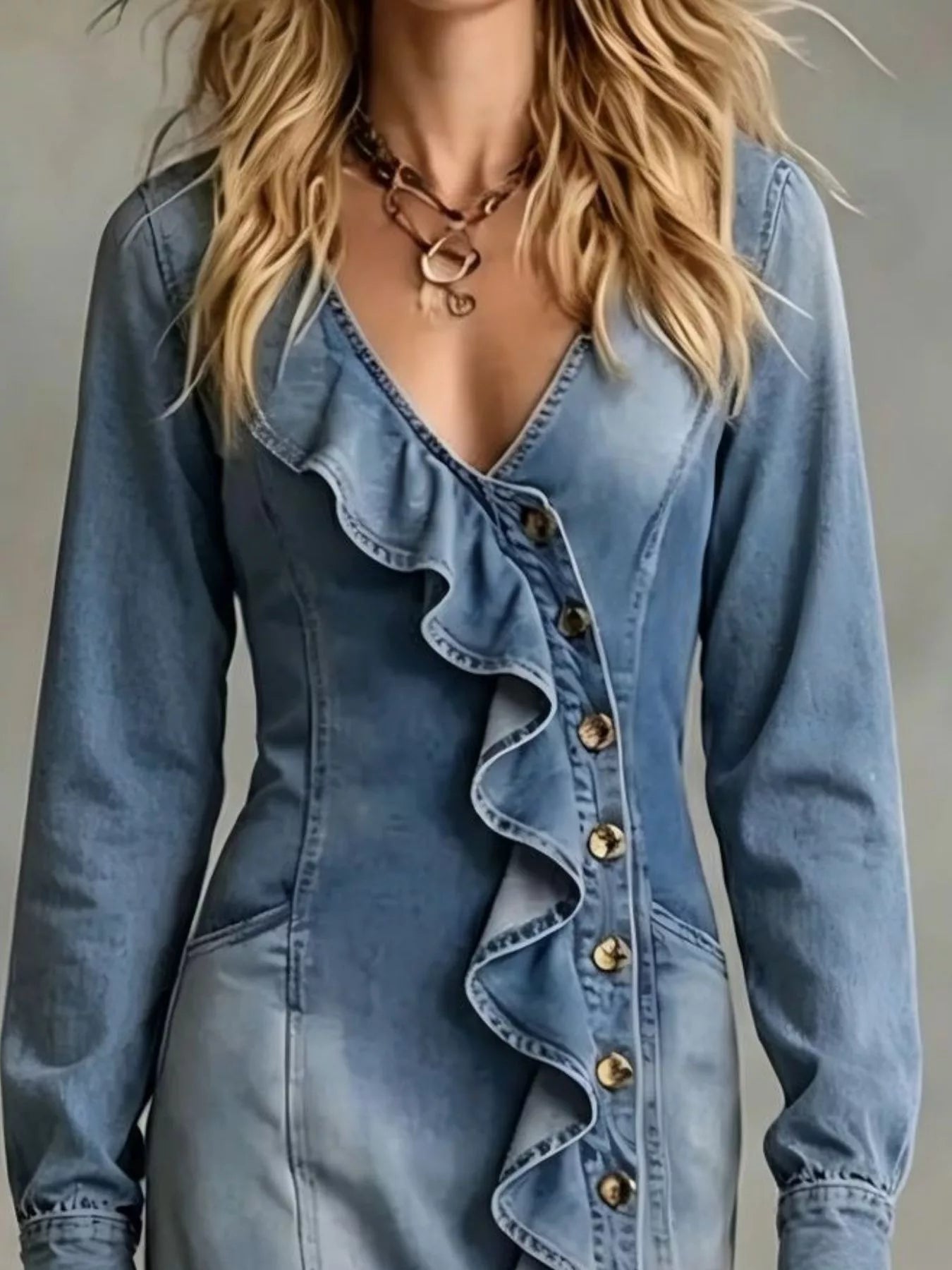 Ruffled V-Neck Denim Maxi Dress