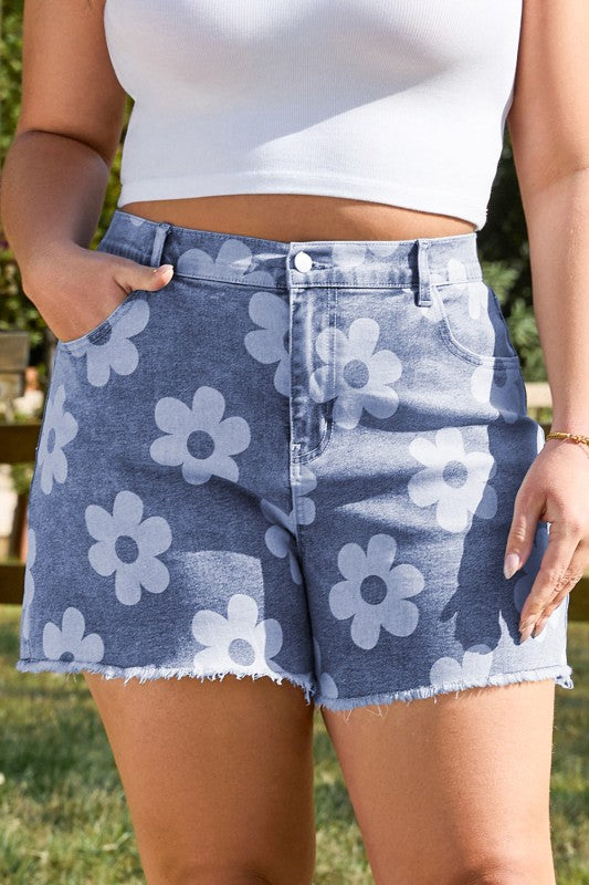 Plus Size Floral High Waist Denim Shorts
