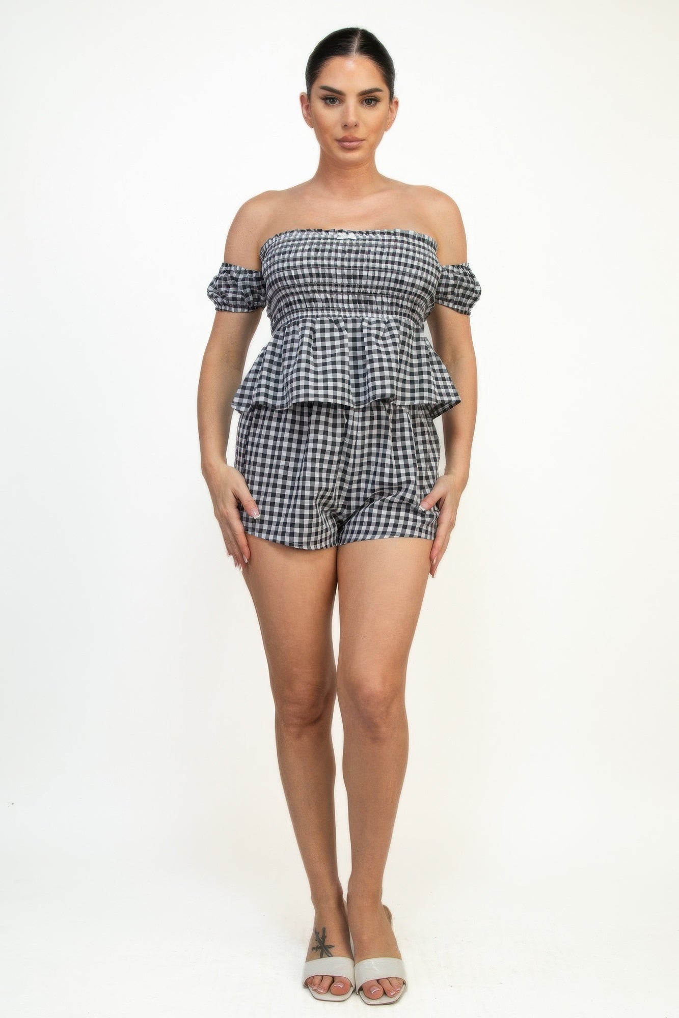 Off-shoulder Smock Gingham Top & Mini Short Sets