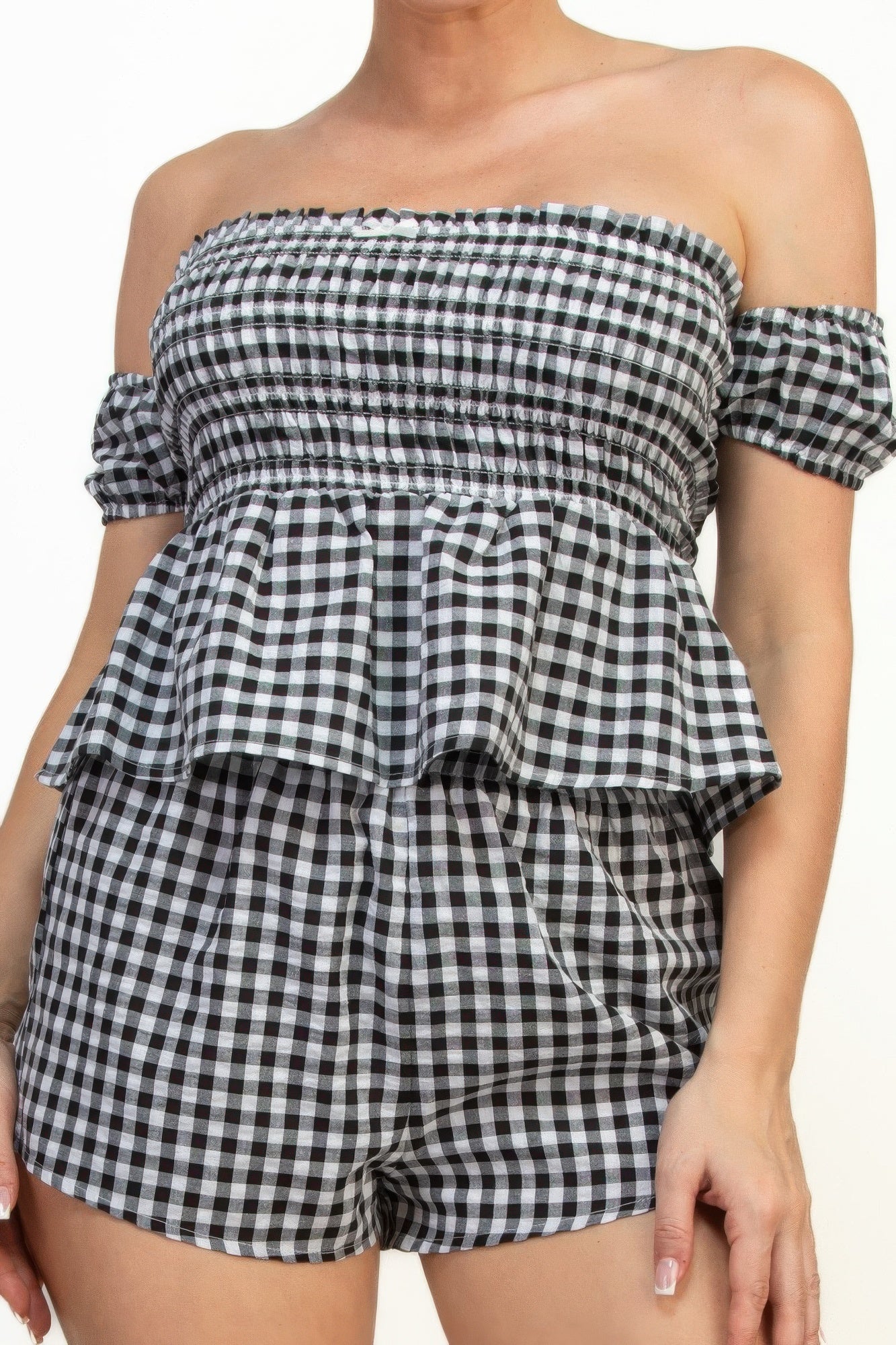 Off-shoulder Smock Gingham Top & Mini Short Sets