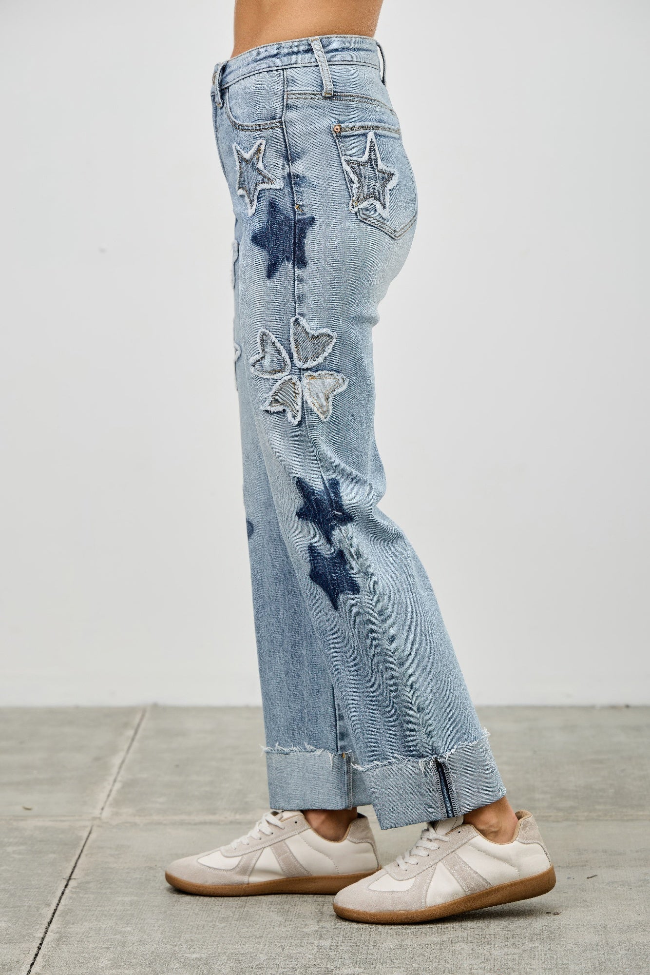High Rise Star & Heart Patched Dad Jean W/stretch