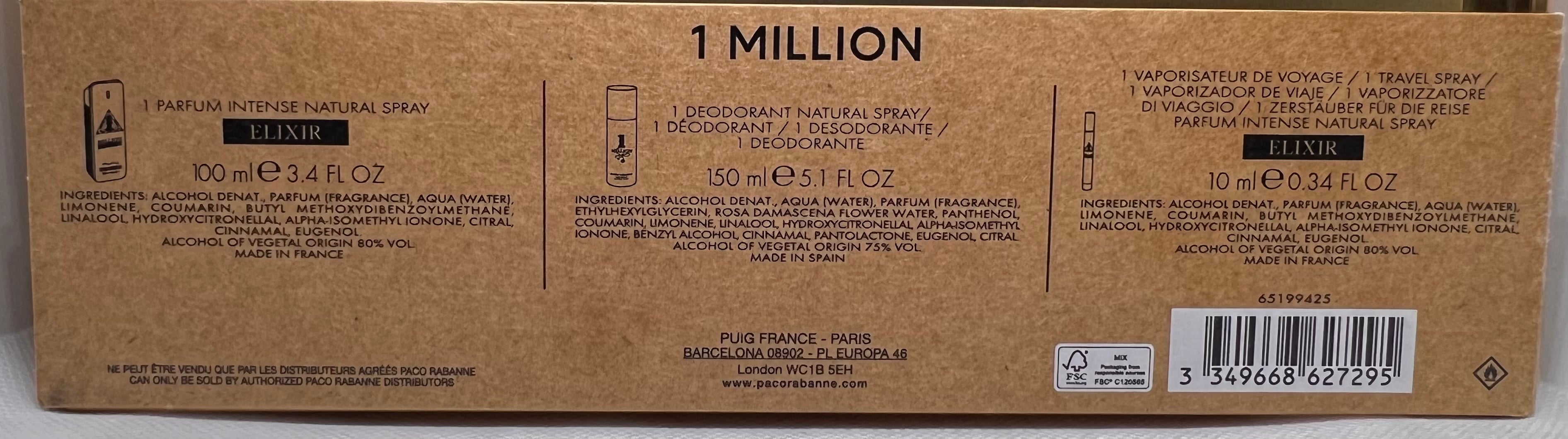 1 Million Elixir Parfum Gift Set Paco Rabanne 3.4 Parfum, 5.1 Body Spray, 0.34 T