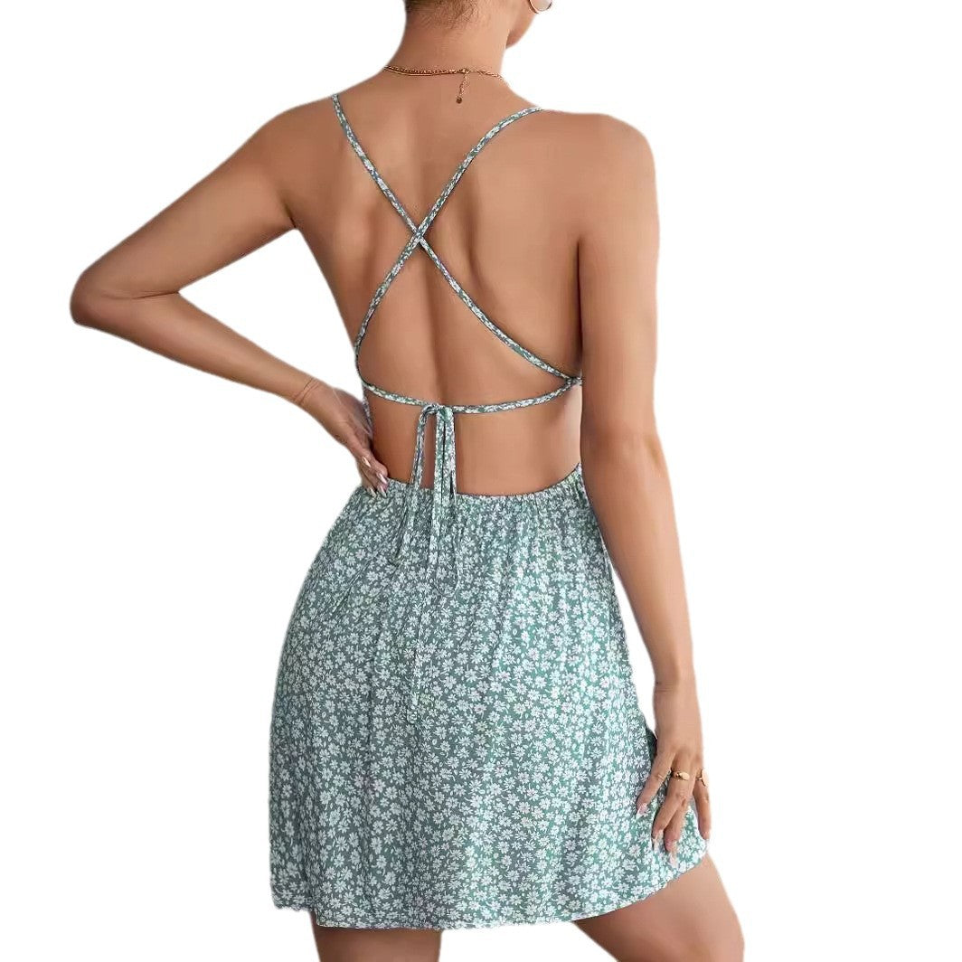 Women's summer dress, fresh and sweet floral lace-up dress, suspender skirt