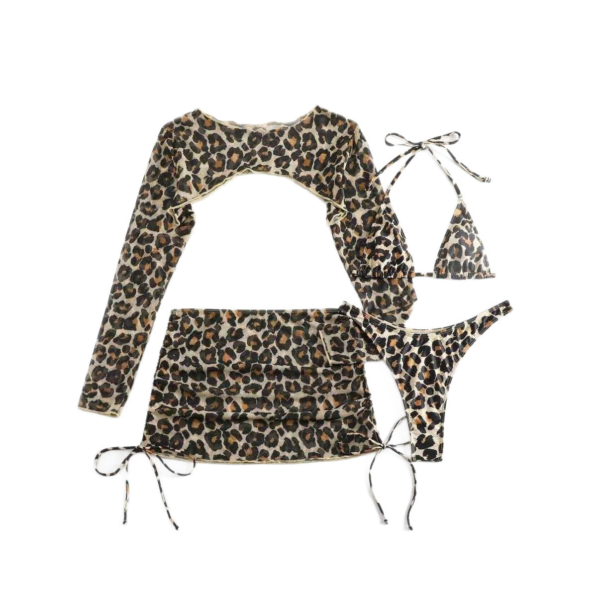 Leopard Print Lace up Sexy Bikini Separated Four piece Swimsuit Long Sleeve Sun Protection Skirted Swimwear