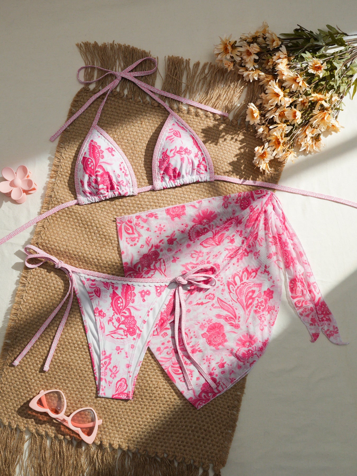 Apron Three Piece Bikini Vintage Print Tie Swimsuit Women's Swimwear