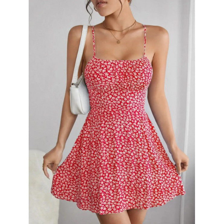 Women's summer dress, fresh and sweet floral lace-up dress, suspender skirt