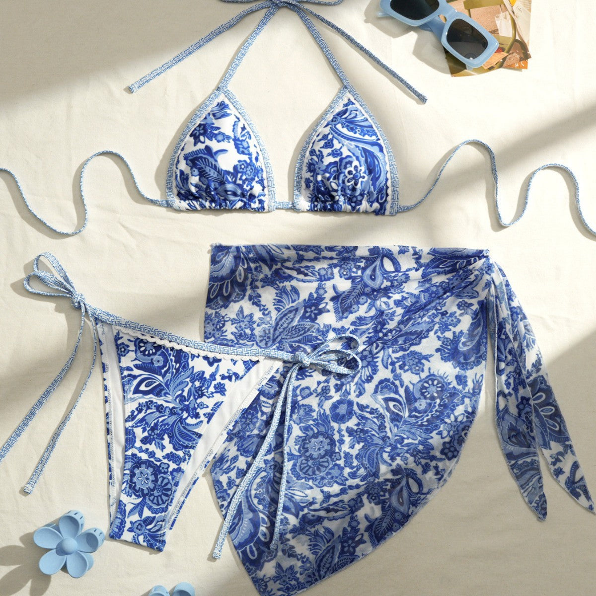Apron Three Piece Bikini Vintage Print Tie Swimsuit Women's Swimwear