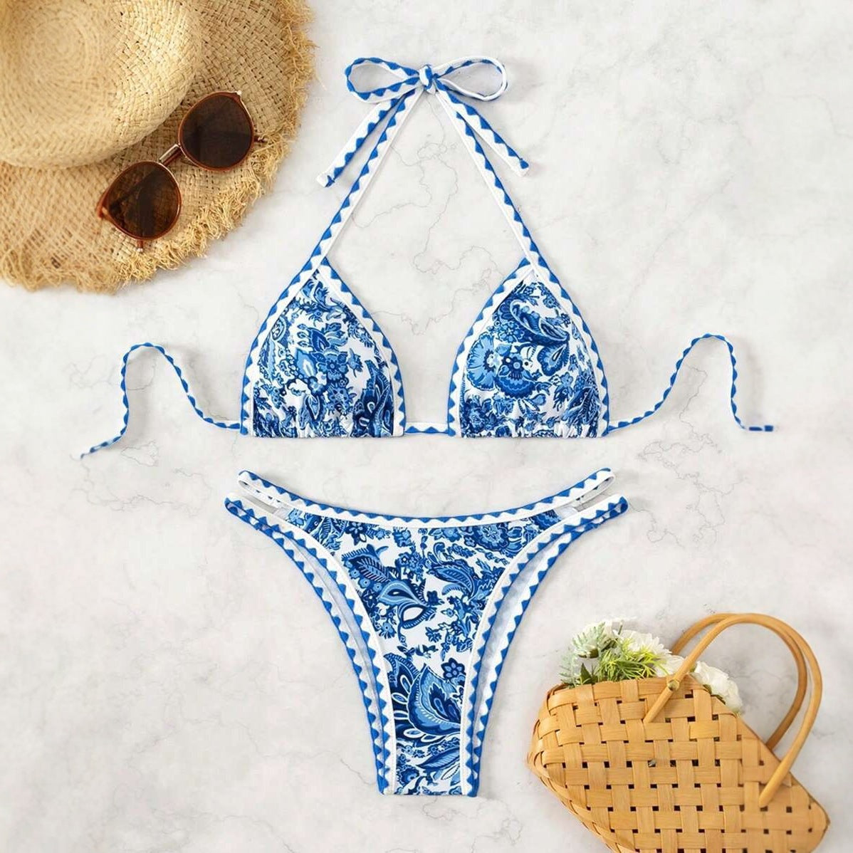 Bikini Two Piece Swimsuit Sexy Backless Print Bikini Swimwear for Women