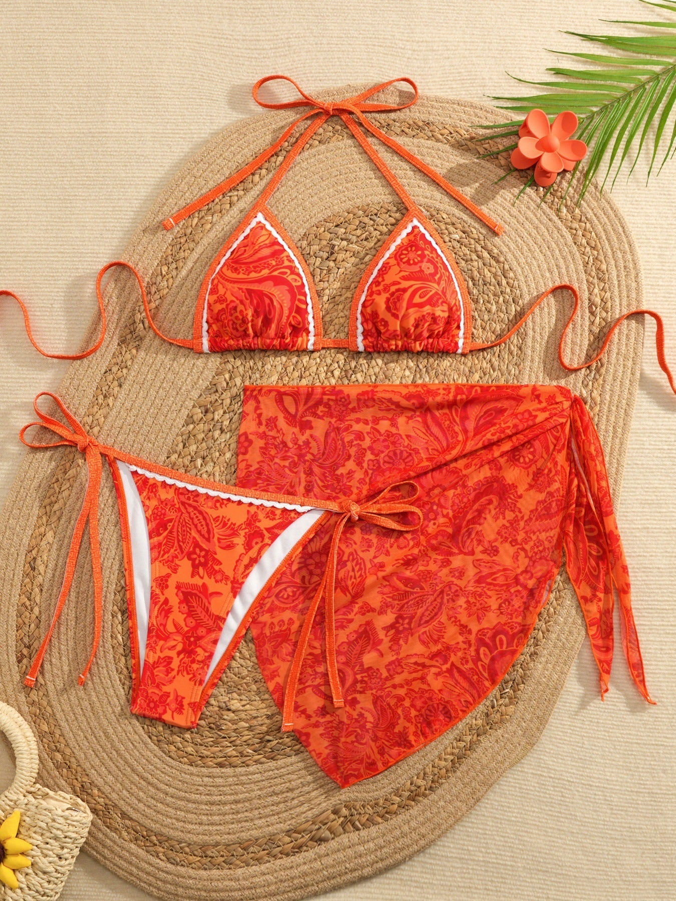 Apron Three Piece Bikini Vintage Print Tie Swimsuit Women's Swimwear