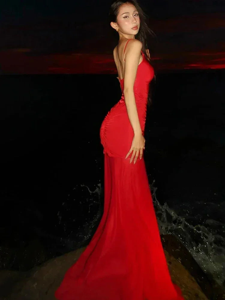 Weird Puss Sexy Hollow Maxi Dress Women Low-Neck Off Shoulder Backless Mesh See Through Hem Vacation Beach Party Elegant Outfits
