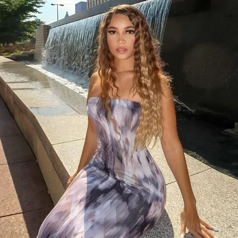 Spring And Summer Dresses For Women Chest Wrap Printed Off Shoulder Bandage Slim Sexy Long Dress 2023 New Fashion party MsChuh
